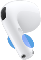 AirPods 5 In-Ear Kopfhörer von außen, blaue Kreise zeigen, wo das untere Ende berührt werden muss, um die Lautstärke zu ändern